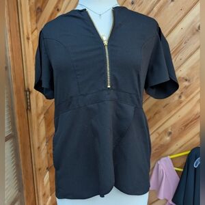 Black Zip-Up Short Sleeve Scrub Top
